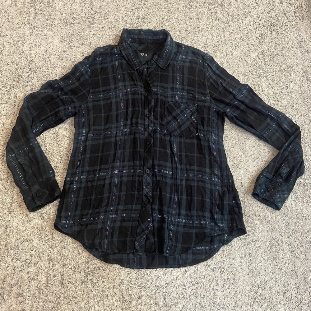 Rails Top Womens Medium Hunter Forest Slate Tinsel Green Button Up Metallic